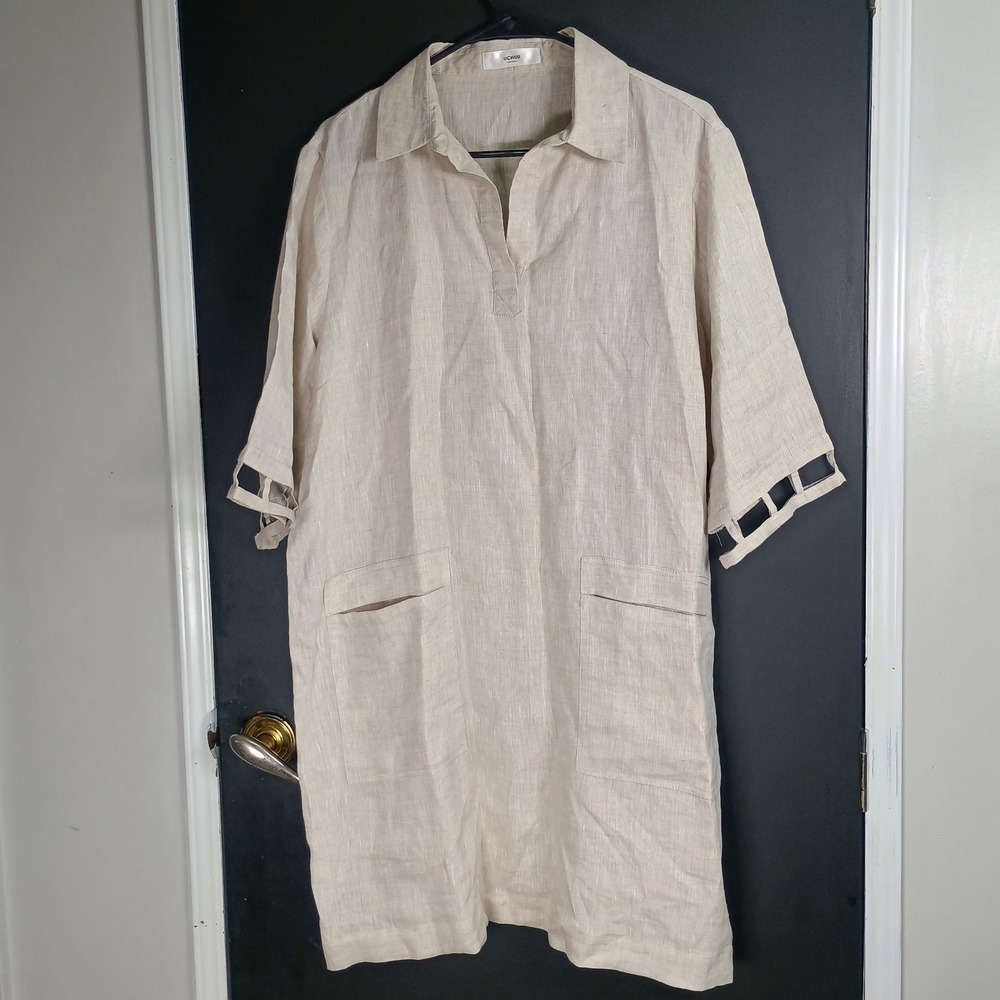 Uchuu Beige Tan Boho Linen Natural Boxy Collar Smock Dress Cut Out Sleeve 12 L